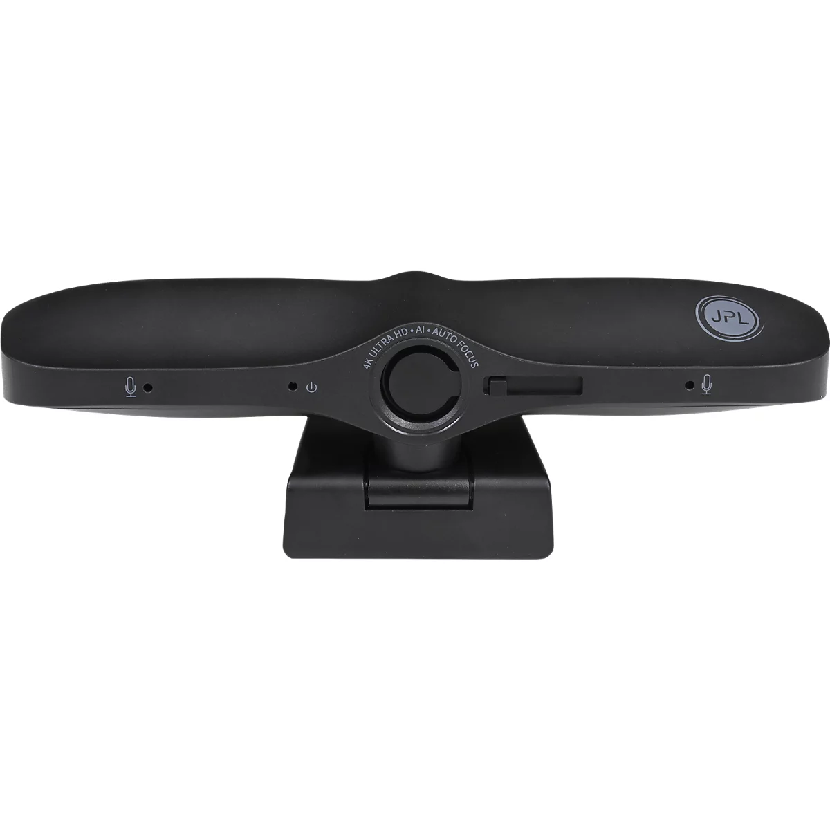 Zwarte webcam, onderkant met standaard. Bovenste tekst: 4K Ultra HD. Autofocus. Cirkel met JPL-opschrift.